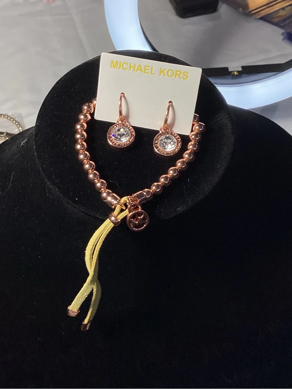 Michael Kors Rose Gold Bead Bracelet & Crystal Drop Earrings Set, NWT, Rose Gold